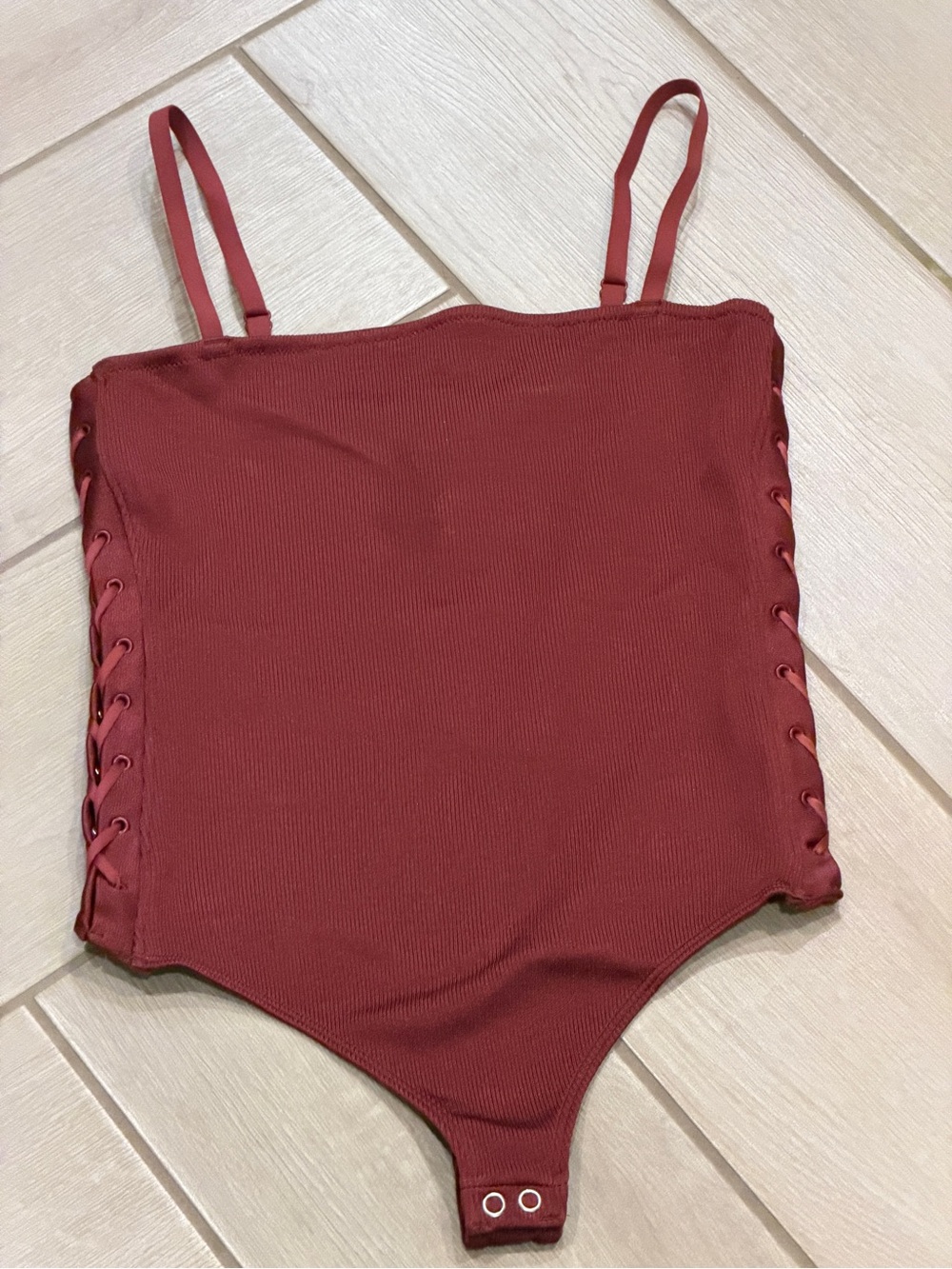Express Ribbed Lace-Up Sides One-Piece Bodysuit - Rust Red S/M - NWT